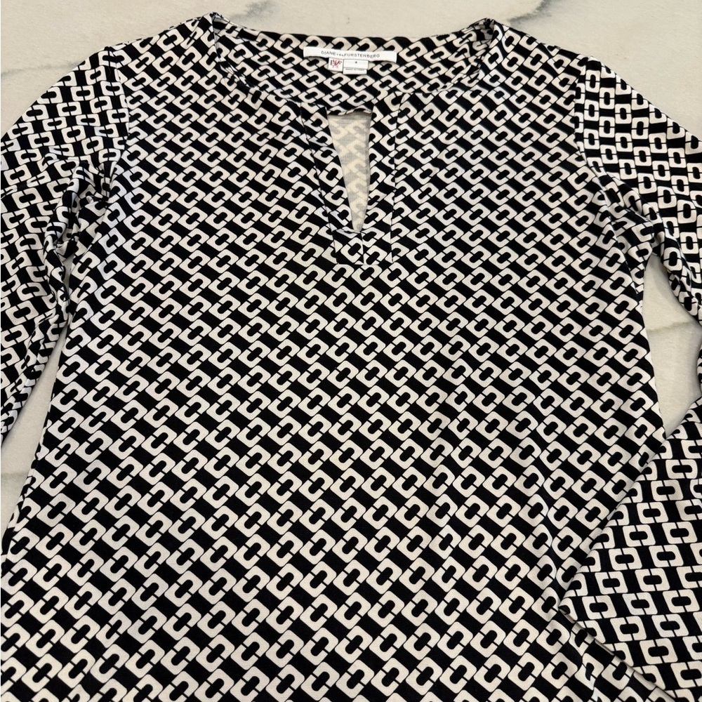 DVF Diane Von Furstenberg Dress Size 4 Black White Chain Link Silk - Picture 6 of 16